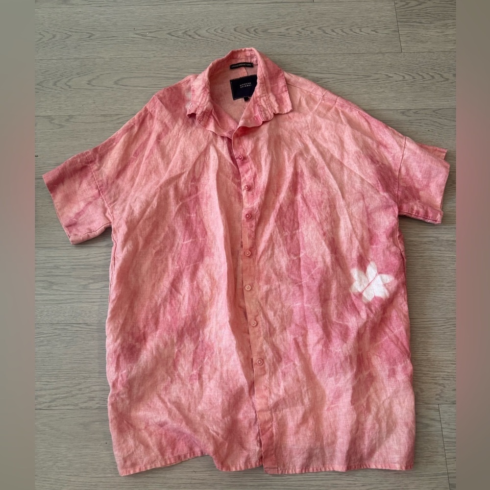 Modern Shibori Tie Dyed Button Down Short Sleeve Linen Shirt Size 1X